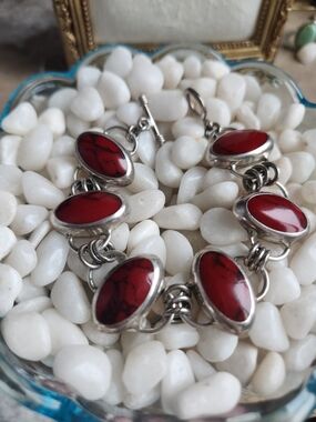 Vintage Red Jasper Sterling .925 Stamped Taxco, Mexico Link Bracelet - Women